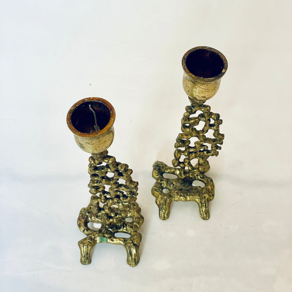Brutalist Brass Candlestick, pair