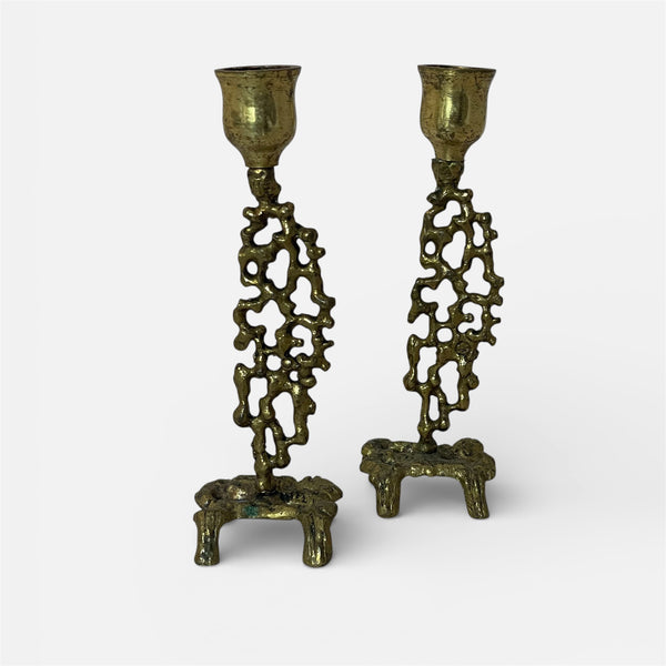 Brutalist Brass Candlestick, pair