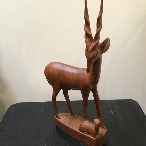 Carved Wood Antelope Mother and Child