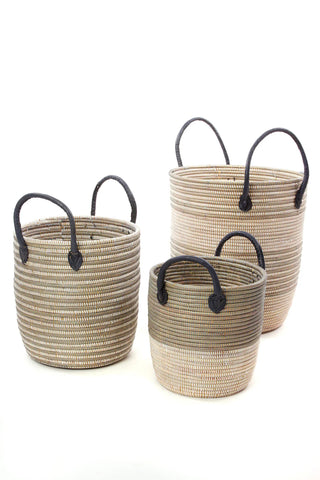 Silver Mixed Stripe Basket With Leather Handles