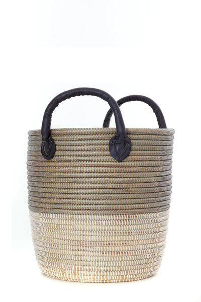 Silver Mixed Stripe Basket With Leather Handles