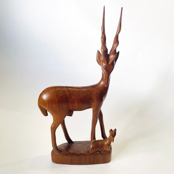 Carved Wood Antelope Mother and Child