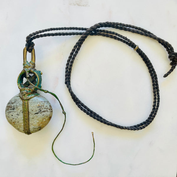 Green Pebble with Antenna in Vintage Pendant Necklace