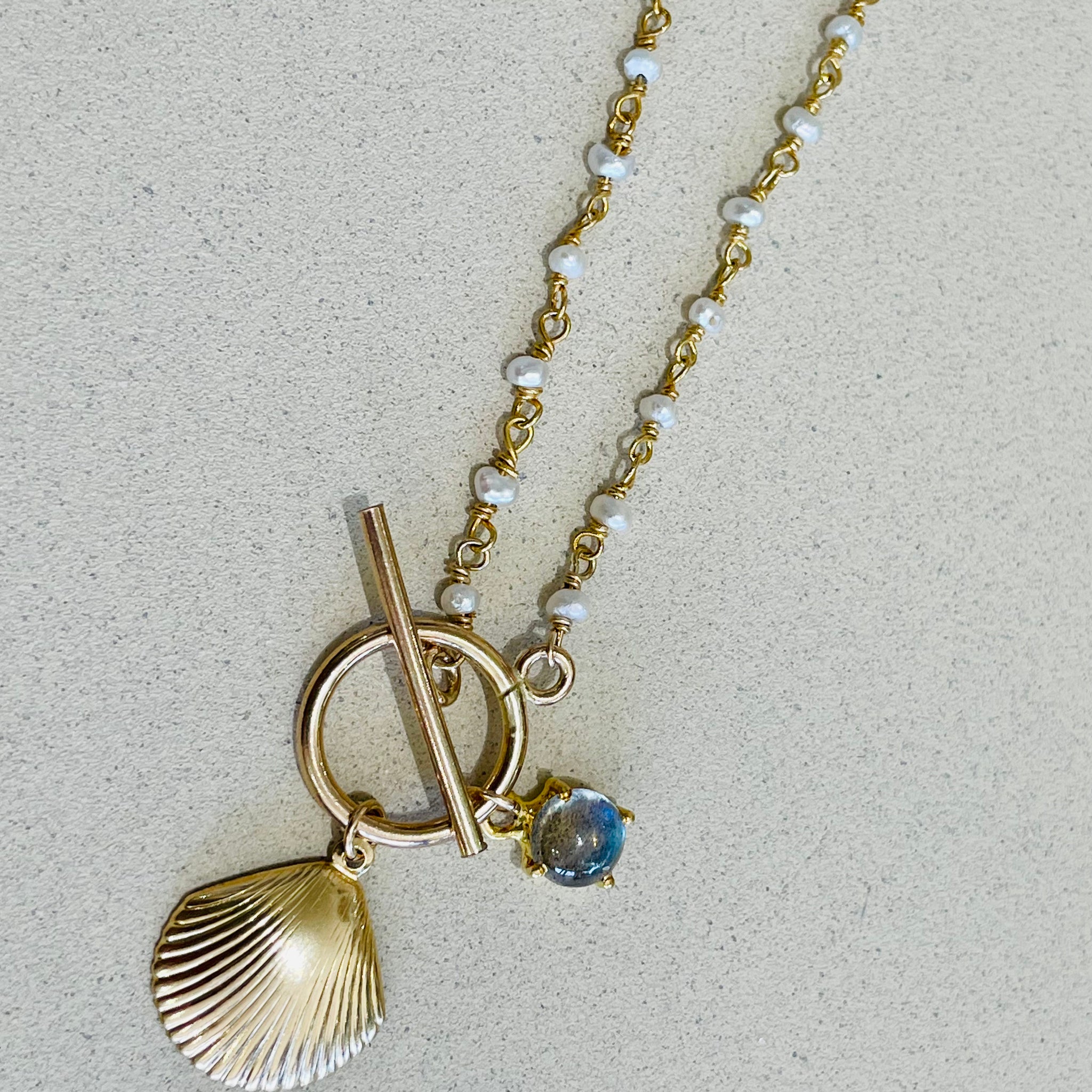 Pearl Drop Wire Wrap Necklace, Gold Shell and Labradorite