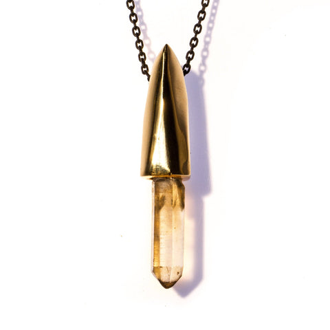 Large Faceted Crystal Cap Brass / Raw Citrine Point Pendant Necklace
