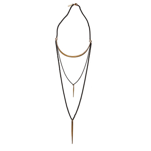 Triple Layer Necklace With Quill Spike Drops Brass