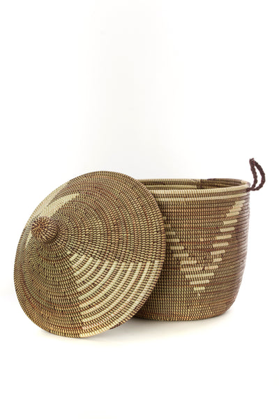 Tribal Design Lidded Basket Brown